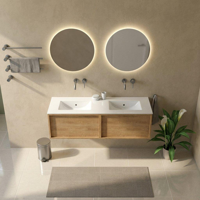 Saniclass Holz Frame Ensemble meuble de salle de bains - 140x45x42cm - lavabo Vygo en céramique blanc - 2 cuves - sans trous de robinetterie - 2 tiroirs - chêne naturel brillant (bois)