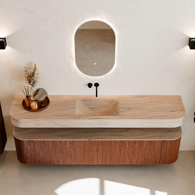 MONDIAZ THOR-DLUX 200cm meuble de salle de bains arrondi gauche + droite couleur Ruby avec 2 tiroirs et 2 portes. Vasque suspendue CLOUD Milieu sans trou de robinet couleur Saba.