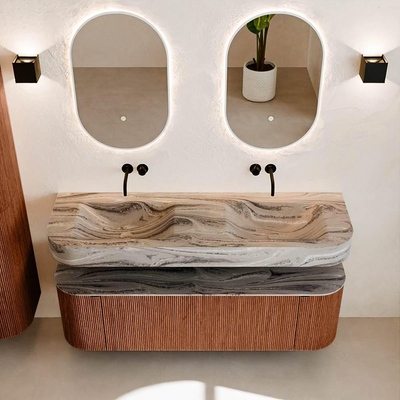 MONDIAZ THOR-DLUX 150cm meuble de salle de bains arrondi gauche + droite couleur Ruby avec 1 tiroir et 2 portes. Vasque suspendue CLOUD Double sans trou de robinet couleur Sombra.