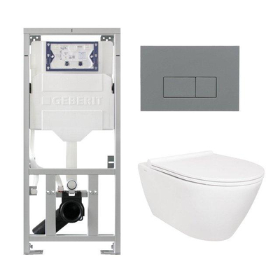 QeramiQ Salina Toiletset - rimless - Geberit inbouwreservoir - diepspoel wandcloset - softclose - quickrelease - bedieningspaneel met bedieningsplaat licht grijs - rechthoekige knoppen - glans wit