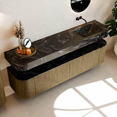 MONDIAZ THOR-DLUX 190cm meuble de salle de bains arrondi gauche + droite couleur Dusk avec 2 tiroirs et 2 portes. Vasque suspendue CLOUD Droite sans trou de robinet couleur Lava.