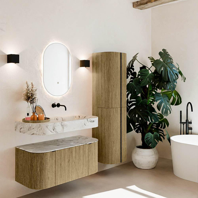 MONDIAZ THOR-DLUX 100cm meuble de salle de bains arrondi gauche + droite couleur Dusk avec 1 tiroir et 2 portes. Vasque suspendue CLOUD Droite sans trou de robinet couleur Glace.