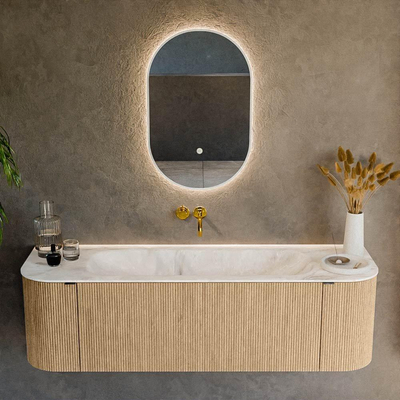 MONDIAZ KURVE-DLUX Meuble de salle de bains 150cm avec module 25 Len R couleur Chêne avec 1 tiroir et 2 portes. Lavabo BIG MEDIUM central sans trou de robinet couleur Frappe.