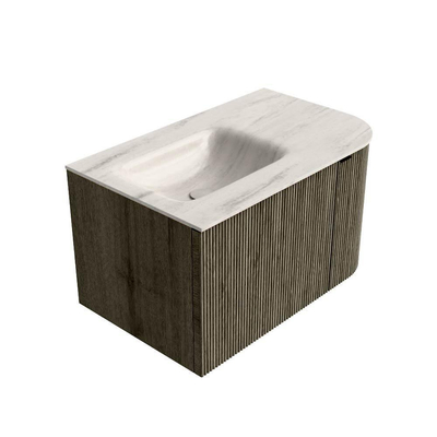 MONDIAZ KURVE-DLUX Meuble de salle de bains 75 cm arrondi Droite couleur Shadow avec 1 tiroir et 1 porte. Lavabo GRUNNE Gauche 1 trou de robinet Meli.