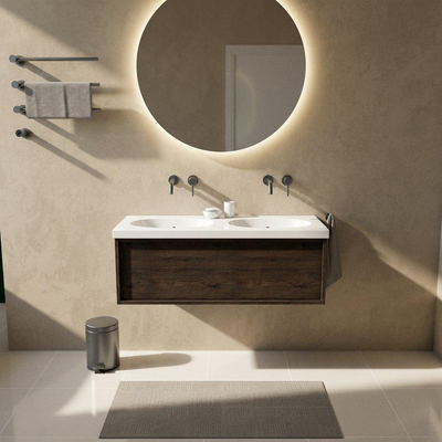 Saniclass Holz Frame Ensemble meuble de salle de bains - 120x45x43.5cm - lavabo Palermo en céramique blanc - 2 vasques - sans trous de robinetterie - 1 tiroir - chêne charcoal mat (bois)