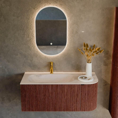 MONDIAZ KURVE-DLUX Meuble de salle de bains 105cm arrondi à droite couleur Ruby avec 1 tiroir et 1 porte. Lavabo BIG SMALL gauche 1 trou de robinet Meli.