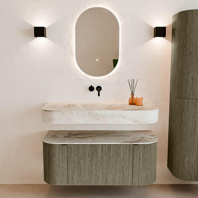 MONDIAZ THOR-DLUX 110cm meuble de salle de bains arrondi gauche + droite couleur Shadow avec 1 tiroir et 2 portes. Vasque suspendue CLOUD Milieu sans trou de robinet couleur Frappe.