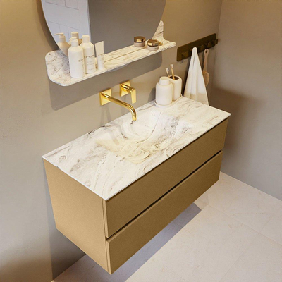 MONDIAZ VICA-DLUX Ensemble meuble de salle de bains - 100cm - meuble bas oro - 2 tiroirs - lavabo encastré cloud au milieu - sans trous de robinet - version haute 60cm - glace
