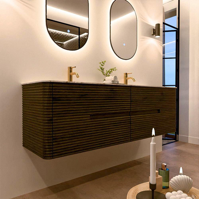 Mondiaz CIRO-DLUX Badkamermeubelset - 160x45x50cm - Solid surface wastafel Meli - 2 wasbak Dubbel - 2 kraangaten - 4 lades - Shadow