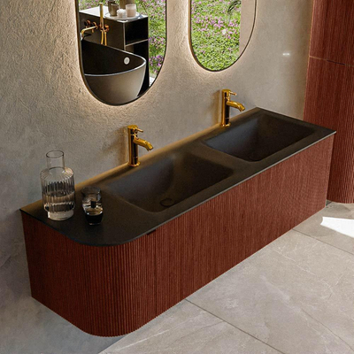 Mondiaz KURVE Badkamermeubelset - 145x46x40cm - 1 lade - 1 deur - wastafel solid surface - dubbel / rechts - 2 kraangaten - Ruby