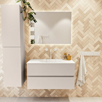 Mondiaz VICA ensemble de meuble de salle de bain - 90cm - meuble sous-vasque lin - 2 tiroirs - lavabo lune milieu - 1 trou de robinet - version haute de 60cm - talc