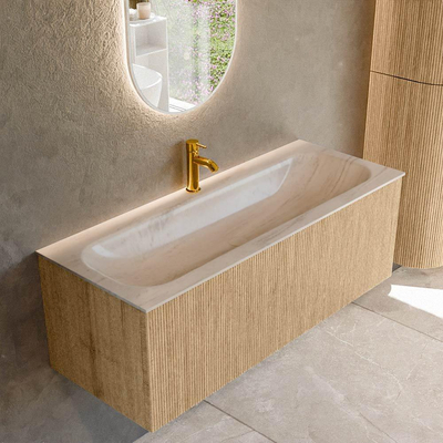 MONDIAZ KURVE-DLUX 120cm badmeubel kleur Oak met 1 lade en 0 deuren. Wastafel BIG LARGE Midden 1 kraangat Meli.