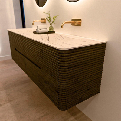 Mondiaz CIRO-DLUX Ensemble de meubles de salle de bains - 160x45x50cm - Vasque en solid surface Nata - 2 bassins Double - sans trous de robinet - 4 tiroirs - Shadow