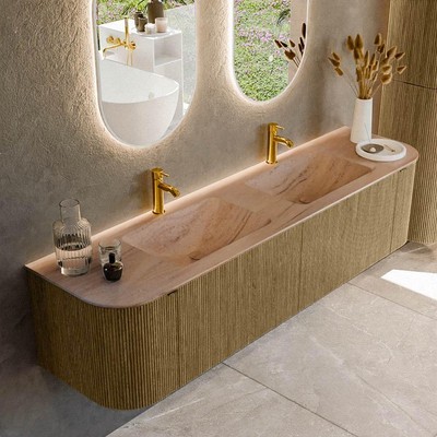 MONDIAZ KURVE-DLUX Meuble de salle de bains 180cm arrondi Gauche + Droite couleur Dusk avec 2 tiroirs et 2 portes. Lavabo LEAF Double 2 trous de robinet Saba.