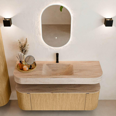 MONDIAZ THOR-DLUX 140cm badmeubel ronding links + rechts kleur Oak met 1 lade en 2 deuren. Vrijhangende wastafel CLOUD Midden 1 kraangat kleur Saba.