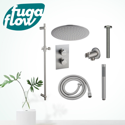 FugaFlow Eccelente Sobrado Inbouw Regendoucheset - thermostatisch - plafondarm -glijstang - 25cm hoofddouche - staaf handdouche - geborsteld RVS PVD