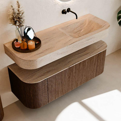 MONDIAZ THOR-DLUX 130cm badmeubel ronding links + rechts kleur Walnut met 1 lade en 2 deuren. Vrijhangende wastafel CLOUD Rechts zonder kraangat kleur Saba.
