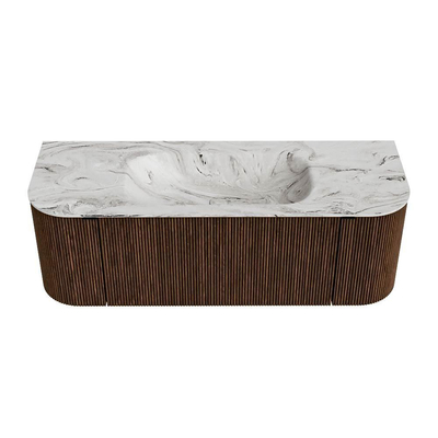 MONDIAZ KURVE-DLUX Meuble de salle de bains 130 cm avec module 25 Len R couleur Walnut avec 1 tiroir et 2 portes. Lavabo BIG SMALL central sans trou de robinet couleur Glace.