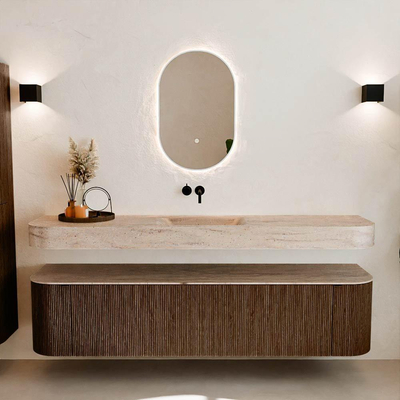 MONDIAZ THOR-DLUX 190cm badmeubel ronding links + rechts kleur Walnut met 2 lades en 2 deuren. Vrijhangende wastafel CLOUD Midden zonder kraangat kleur Saba.