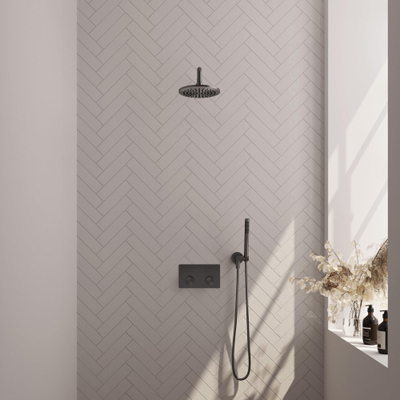 BRAUER gunmetal Carving Douche de pluie thermostatique encastrée - boutons-poussoirs - SET 51 - tête de douche 20cm - bras mural courbé - douchette barre - flexible de douche - coude d'alimentation mural - gunmetal brossé PVD