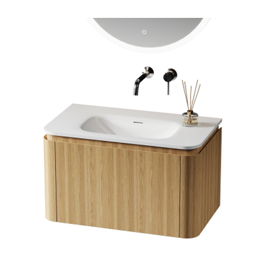 Saniclass Terra Ensemble meuble de salle de bains - 80cm - 2 tiroirs - vasque en solid surface - 1 lavabo - sans trous de robinet - coins arrondis - sandwood (Chene clair)