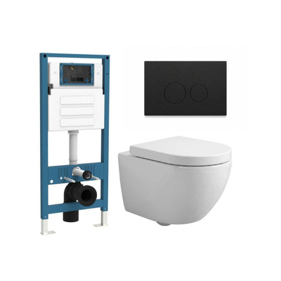 QeramiQ Dely Swirl Ensemble de toilettes Compact - réservoir encastré QeramiQ flush - abattant 25 mm - plaque de commande en plastique noir mat - boutons ronds - blanc brillant