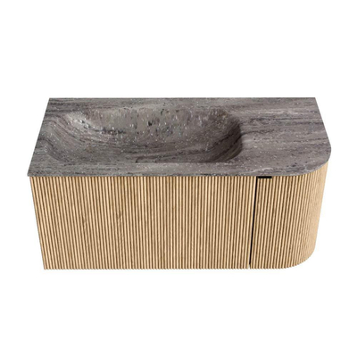 MONDIAZ KURVE-DLUX 95cm badmeubel ronding Rechts kleur Oak met 1 lade en 1 deur. Wastafel BIG SMALL Links zonder kraangat Oza.