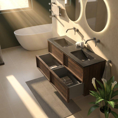 Saniclass Holz Frame Ensemble de meubles de salle de bains - 140x45x62cm - lavabo Vygo en céramique noir - 2 vasques - sans trous de robinetterie - 4 tiroirs - chêne charcoal mat (bois)