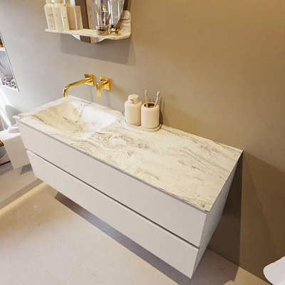 Mondiaz VICA-DLUX Ensemble de meuble de salle de bain - 130cm - meuble sous-vasque lin - 2 tiroirs - lavabo encastrée nuage gauche - sans trous de robinet - version haute de 60cm - glace