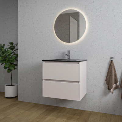 Saniclass Chaci Ensemble meuble de salle de bains - 60x46x55cm - lavabo céramique noir - 1 vasque - 1 trou de robinet - 2 tiroirs - miroir rond avec éclairage - cotton mat (beige)