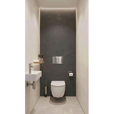 QeramiQ Dely Swirl Ensemble WC- 36,3x51,7 cm - Réservoir encastré Geberit UP320 - Abattant fin - Plaque de commande en inox- Boutons rectangulaires - Blanc brillant