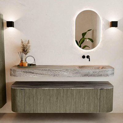 MONDIAZ THOR-DLUX 170cm badmeubel ronding links + rechts kleur Shadow met 1 lade en 2 deuren. Vrijhangende wastafel CLOUD Rechts zonder kraangat kleur Oza.