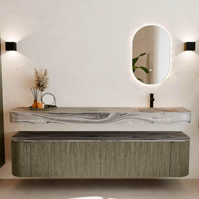 MONDIAZ THOR-DLUX Meuble de salle de bains - 200cm - arrondi gauche + droite - couleur Shadow - 2 tiroirs et 2 portes - Vasque suspendue CLOUD Droite 1 trou de robinet couleur Sombra