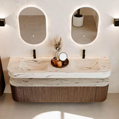 MONDIAZ THOR-DLUX 180cm badmeubel ronding links + rechts kleur Walnut met 2 lades en 2 deuren. Vrijhangende wastafel CLOUD Dubbel 2 kraangaten kleur Nata.