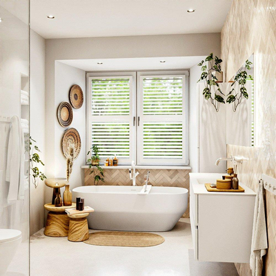 MONDIAZ VICA meuble sous lavabo 150cm Talc 2 tiroirs. Lavabo CLOUD au centre sans trou de robinet, couleur Talc.