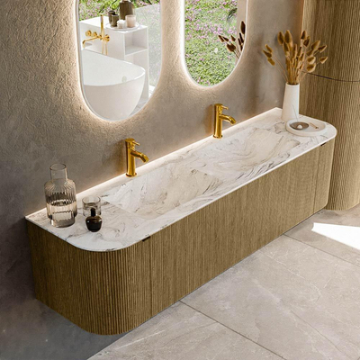 Mondiaz KURVE-DLUX Badkamermeubelset - 170x46x40cm - 1 lade - 2 deuren - wastafel solid surface - dubbel - 2 kraangaten - Dusk