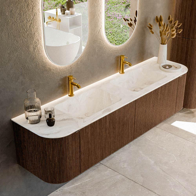 MONDIAZ KURVE-DLUX 180cm badmeubel met module 25 Len R kleur Walnut met 2 lades en 2 deuren. Wastafel LEAF dubbel 2 kraangaten kleur Frappe.