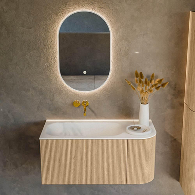 MONDIAZ KURVE 95cm Meuble salle de bain avec module 25 D - couleur Oak - 1 tiroir - 1 porte - vasque BIG SMALL gauche - sans trous de robinet - Talc