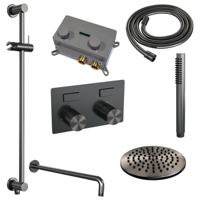 BRAUER gunmetal Carving Thermostatische Regendouche inbouw - drukknoppen - SET 63 - 20cm hoofddouche - gebogen muurarm - staaf handdouche - doucheslang - geïntegreerde glijstang - gunmetal geborsteld PVD