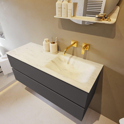 Mondiaz VICA-DLUX Ensemble de meuble de salle de bain - 120cm - meuble sous-vasque gris foncé - 2 tiroirs - lavabo encastré cloud droite - sans trous de robinet - version haute de 60cm - opalo