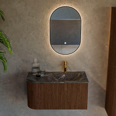 MONDIAZ KURVE-DLUX 85cm Meuble salle de bain avec module 25 G - couleur Walnut - 1 tiroir - 1 porte - vasque CLOUD droite - 1 trou de robinet - couleur Lava