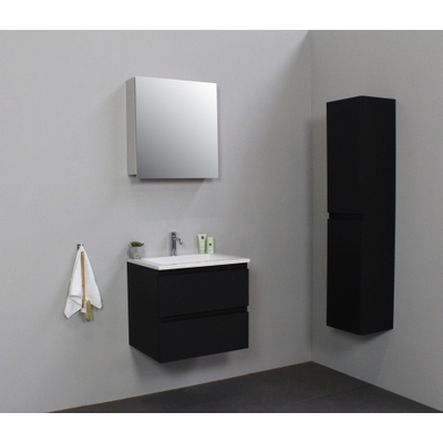 Basic Bella Meuble salle de bains avec lavabo acrylique Blanc avec armoire toilette 1 porte gris 60x55x46cm 1 trou de robinet Noir mat