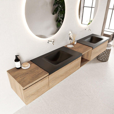 Mondiaz BUKLA badkamermeubelset 240x45x34cm 0 kraangaten 2 wasbakken solid surface Urban greeploos 3 lades met softclose Melamine Washed Oak