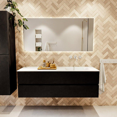 MONDIAZ VICA meuble sous lavabo 150cm Urban 2 tiroirs. Lavabo CLOUD droit sans trou de robinet, couleur Talc.