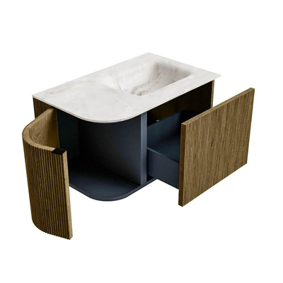Mondiaz KURVE-DLUX Badkamermeubelset - 75x46x40cm - 1 lade - 1 deur - wastafel solid surface - rechts - 1 kraangat - Dusk