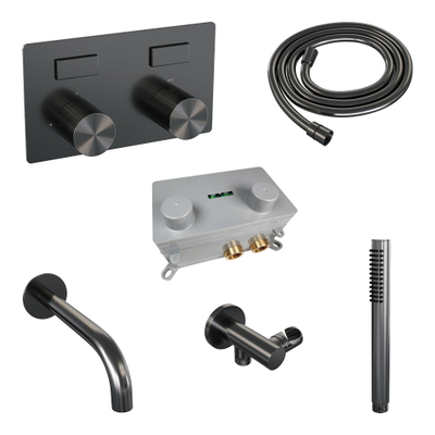 BRAUER Stripe Thermostatische Badkraan - drukknoppen - SET 03 - inbouw - uitloop - staaf handdouche - doucheslang - wandaansluitbocht - gunmetal geborsteld PVD