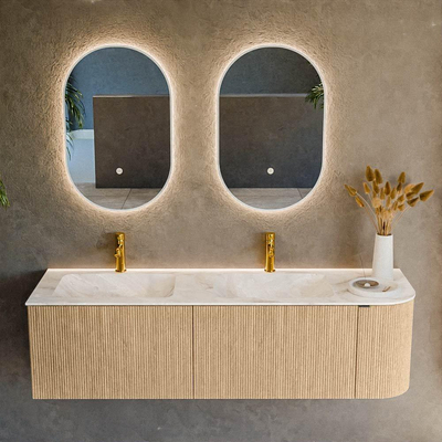 MONDIAZ KURVE-DLUX 155cm meuble de salle de bains avec module 25 R couleur chêne avec 2 tiroirs et 1 porte. Vasque LEAF double / gauche 2 trous de robinet couleur Frappe.