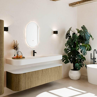 MONDIAZ THOR 170cm meuble de salle de bains arrondi gauche + droite couleur Dusk avec 1 tiroir et 2 portes. Vasque suspendue CLOUD Milieu 1 trou de robinet couleur Talc.