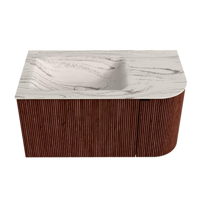 MONDIAZ KURVE-DLUX meuble de salle de bains 85 cm arrondi à droite couleur Ruby avec 1 tiroir et 1 porte. Plan-vasque CLOUD à gauche sans trou de robinet Nata.