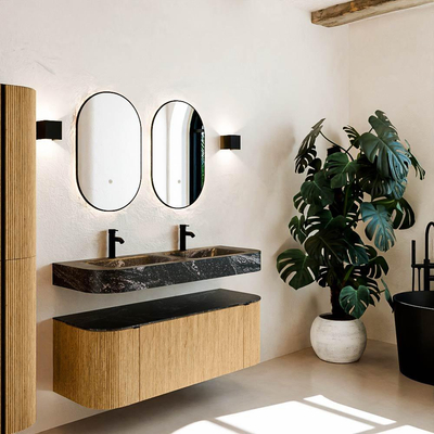 MONDIAZ THOR-DLUX 130cm meuble de salle de bains arrondi gauche + droite couleur Oak avec 1 tiroir et 2 portes. Vasque suspendue CLOUD Double 2 trous de robinet couleur Lava.